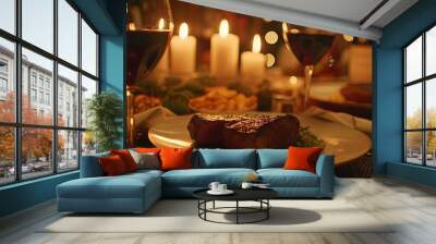 Romantic dinner with glass of wine and meat dish. Background concept Wall mural