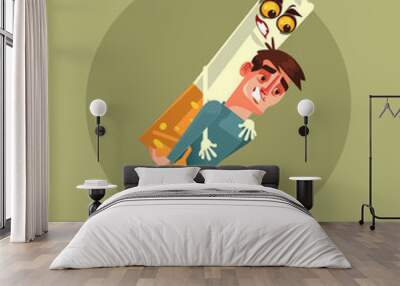 Smoker man character carry cigarette monster. Smoking problem concept. Vector cartoon illustration Wall mural