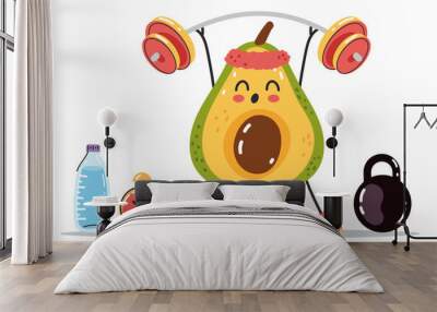 Sporty avocado character making exercise in gym composition. Vector flat graphic design element illustration Wall mural