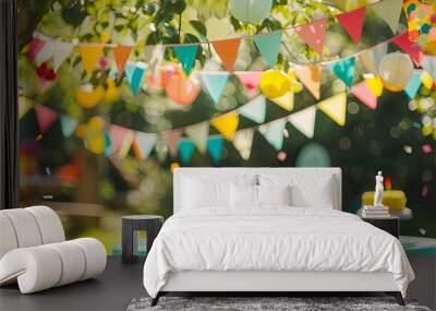 Summer birthday party on backyard with garland and cake. Background concept Wall mural