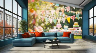 Summer birthday party on backyard with garland and cake. Background concept Wall mural