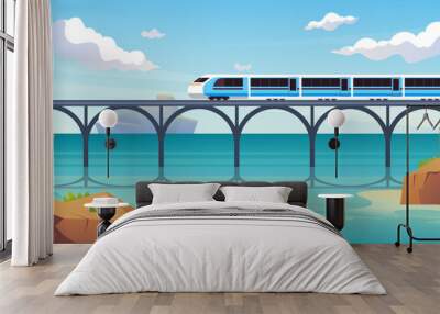 Train move on railway railroad bridge travel concept. Vector graphic design illustration Wall mural