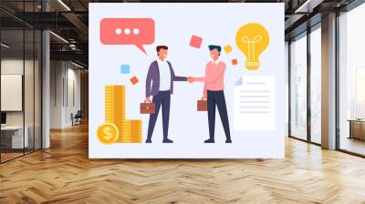 Two business man office workers people characters shaking hands. Vector flat cartoon graphic design illustration Wall mural