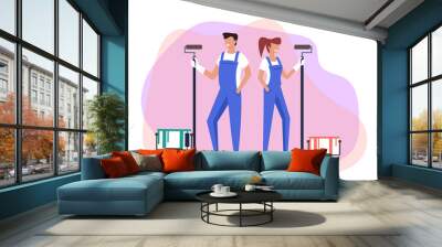 Two people man and woman characters making repair apartment renovation. Construction banner poster concept. Vector design flat graphic cartoon illustration Wall mural