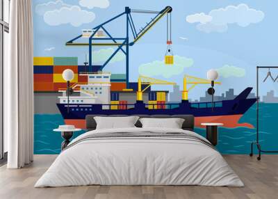 Vector ship port flat illustration Wall mural