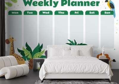 Week kid planner animal calendar table cute banner jungle style concept. Vector graphic design illustration Wall mural