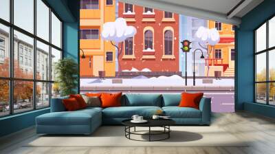 Winter snow city street building snowy urban house. Vector flat graphic design element concept illustration Wall mural