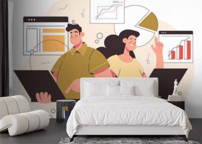 Working team man woman characters working at computer. Vector flat modern style graphic illustration Wall mural