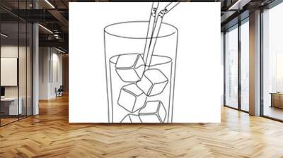 Drink Glass with ice cubes. Cocktail with straw line art style icon. Continuous line drawing vector illustration Wall mural