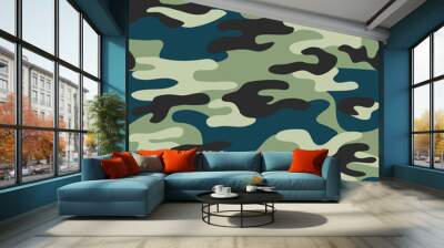 Seamless classic camouflage pattern. Camo fishing hunting vector background. Masking green blue grey black color military texture wallpaper. Army design for fabric paper vinyl print Wall mural