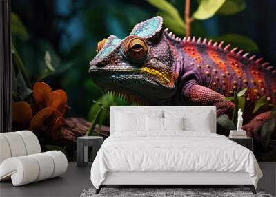 A terrarium featuring a chameleon perched on a branch Wall mural