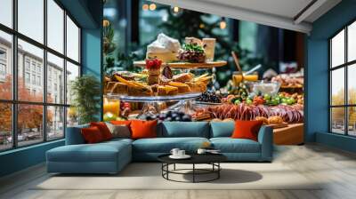 Beautifully decorated catering banquet table with different food snacks and appetizers on corporate christmas birthday party event or wedding celebration. Generative Ai Wall mural