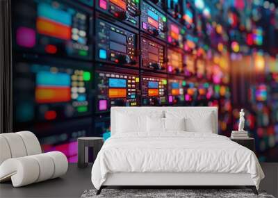 Behind the scenes view of a broadcast control room, filled with multicolored calibration screens Wall mural