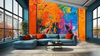 Bright Abstract Art: Hands Painting Over Colorful Canvas Using Palette Knife Wall mural