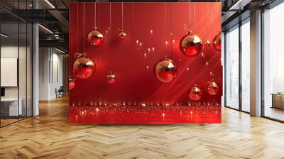 Festive red curtain background with christmas ball and lights Wall mural