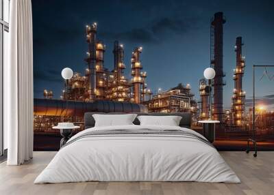 industrial industrial oil refinery plants at the light of evening dark sky Wall mural