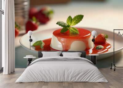 italian panna cotta dessert with strawberry sirup and mint leaf. Generative Ai Wall mural