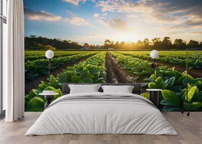 neatly arranged rows of organic crops in a farm setting Wall mural