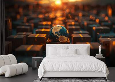 Shipping boxes encircle a luminescent globe on a dark field Wall mural