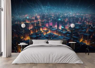 Smart city and abstract polygon pattern connection with speed line light, big data connection technology concept. Generative Ai Wall mural