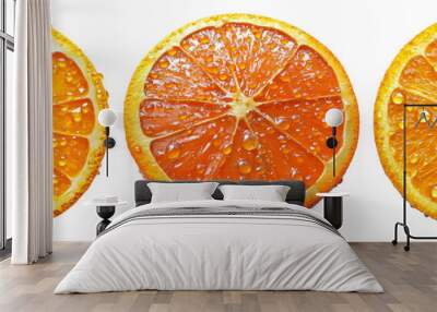 Three orange slices with water drops isolated on transparent background Wall mural