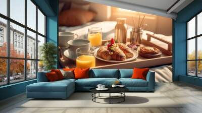 tray with breakfast food on the bed inside a bedroom. Generative Ai Wall mural