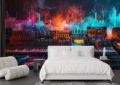 Vibrant Synthwave Music Studio with Synthesizers, Keyboards, and Mixers Wall mural