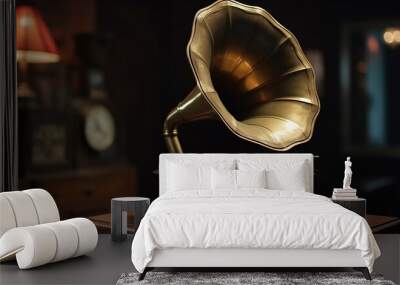 Vintage antique gramophone phonograph turntable with brass horn. Generative Ai Wall mural