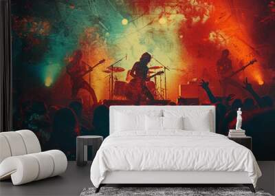 Vintage rock concert flyer with faded colors and retro guitar silhouettes Wall mural