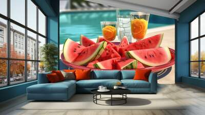 Watermelon plater with drinks on vacation at the swimming pool. Generative Ai Wall mural