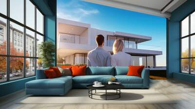 young couple standing and hugging together looking happy in front of their new house to start new life. Generative Ai Wall mural