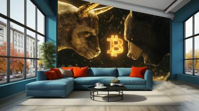 A 3D gold bull and a realistic bear stare down at each other, with a glowing Bitcoin symbol in the center, representing the clash of market trends and crypto conflict. Wall mural