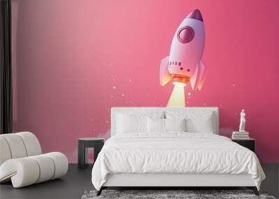 A 3D spaceship icon blasting off from a pink background, symbolizing growth and innovation in business. Wall mural