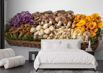 A bright, gourmet mushroom display in baskets, featuring a variety of colorful mushrooms with intricate textures on a clean white backdrop. Wall mural