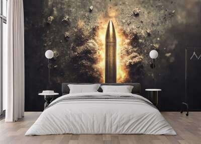 A bullet cutting through the air, with fire burning behind it, in a dynamic and powerful action shot. Wall mural