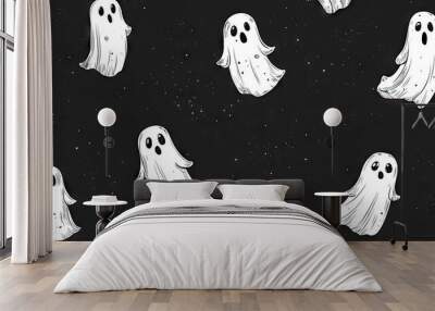 A charming vector illustration featuring cute simple line art ghosts, floating playfully, perfect for Halloween-themed designs or fun backgrounds. Wall mural