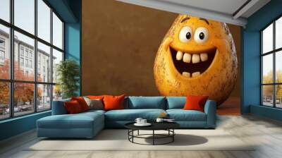 A cheerful 3D cartoon potato with a wide grin, set against a bright brown background, radiating earthiness and joy. Wall mural