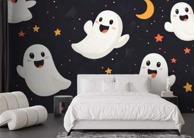 A cheerful Halloween background featuring happy ghosts, stars, and moons with ample room for copy space. Wall mural