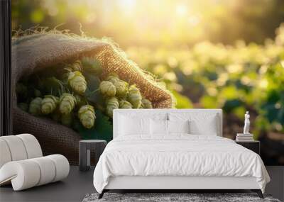 A close-up of a burlap sack overflowing with green hops and wheat, against a backdrop of a sunlit field. Wall mural