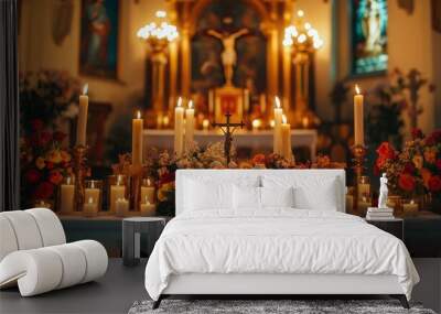 A close-up of a church altar adorned with candles, flowers, and religious symbols. Wall mural