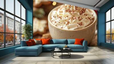 A close-up of a hot cup of cocoa topped with whipped cream, surrounded by Christmas cookies. Wall mural