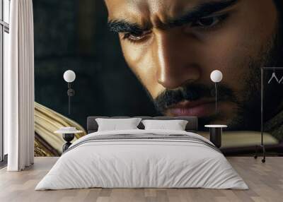 A close-up of a Muslim man's face as he reads the Quran, with a look of deep contemplation and serenity. Wall mural