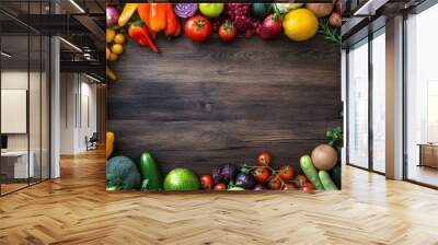 A colorful display of fresh fruits and vegetables on a wooden table, representing healthy eating and sustainability on World Food Day. Wall mural