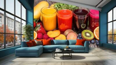 A colorful lineup of vegetable and fruit juices, served in clear glasses, each representing a different refreshing, healthy blend of natural ingredients. Wall mural