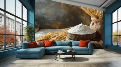 A cozy, rustic kitchen atmosphere with flour in a bowl, wheat stalks, and a bag of flour neatly placed on a wooden table, perfect for baking. Wall mural