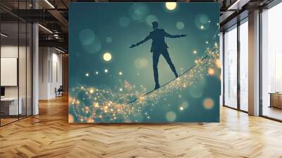 A creative business concept featuring a businessman balancing on a tightrope with glowing data points surrounding him. Wall mural