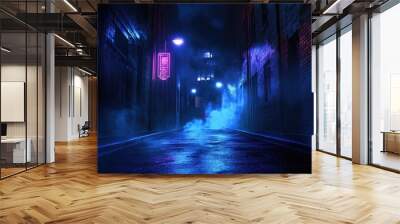 A dark, empty street scene with a blue asphalt background, neon lights, and spotlights, creating an eerie atmosphere. Wall mural