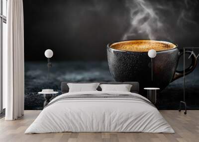 A dark cup of coffee steaming in a black mug on a black table, highlighting warmth and richness. Wall mural