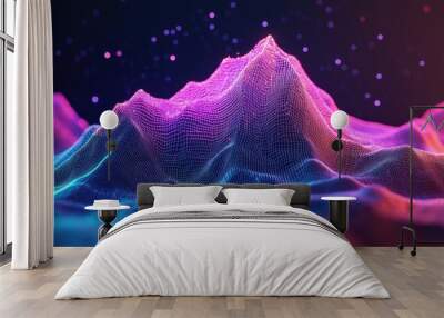 A dynamic wireframe mountain in vibrant neon hues, with depth of field creating a sense of scale and distance, blending reality and digital art. Wall mural