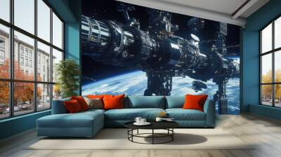 A futuristic space station orbiting Earth, showcasing advanced technology and human innovation in space exploration. Wall mural